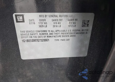 2016 Chevrolet Cruze Lt Auto z USA, uszkodzony, nr VIN 1G1BE5SM7G7320661